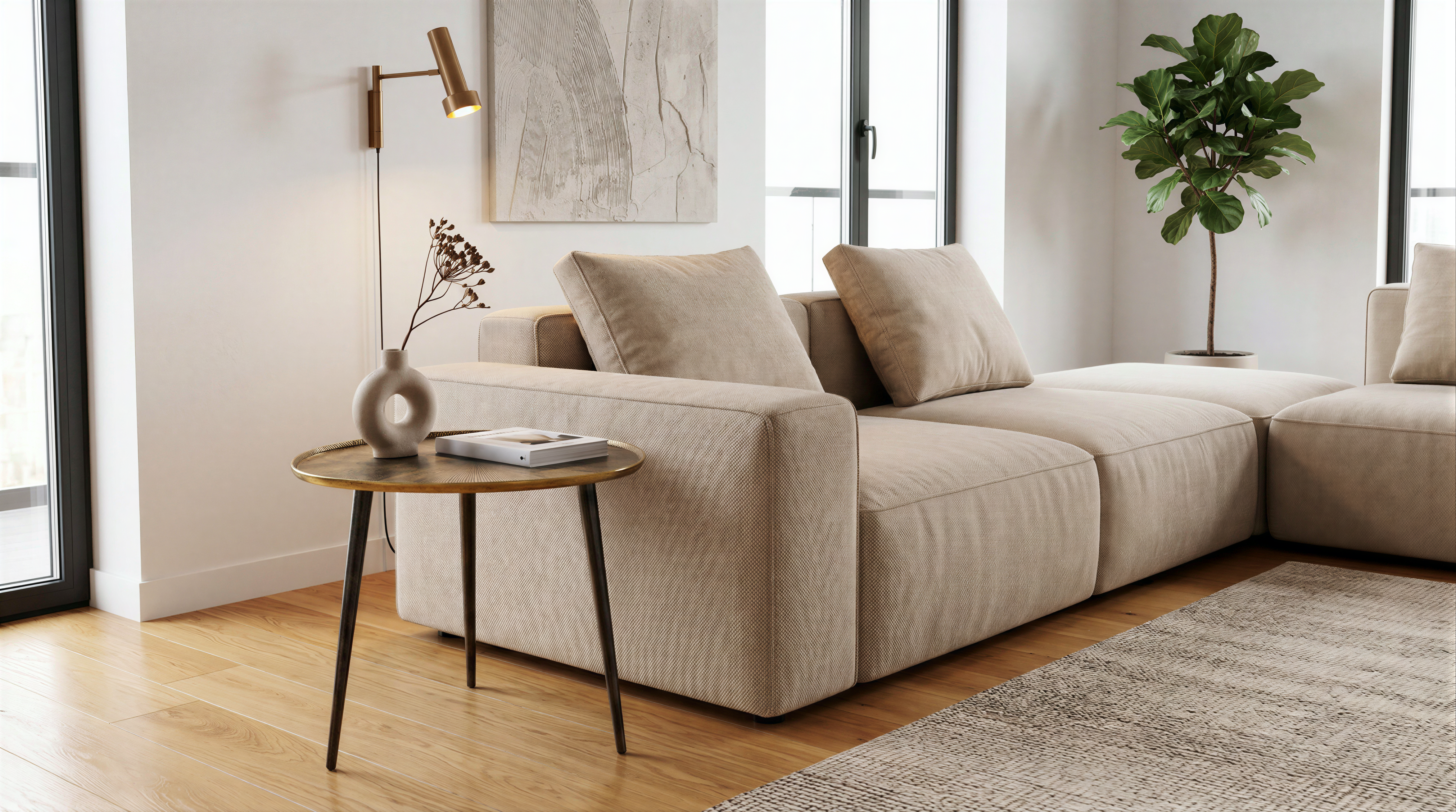 Goldener Beistelltisch AURUM in modernem Wohnzimmer Lifestyle Setting KI-generiert von Flowshort